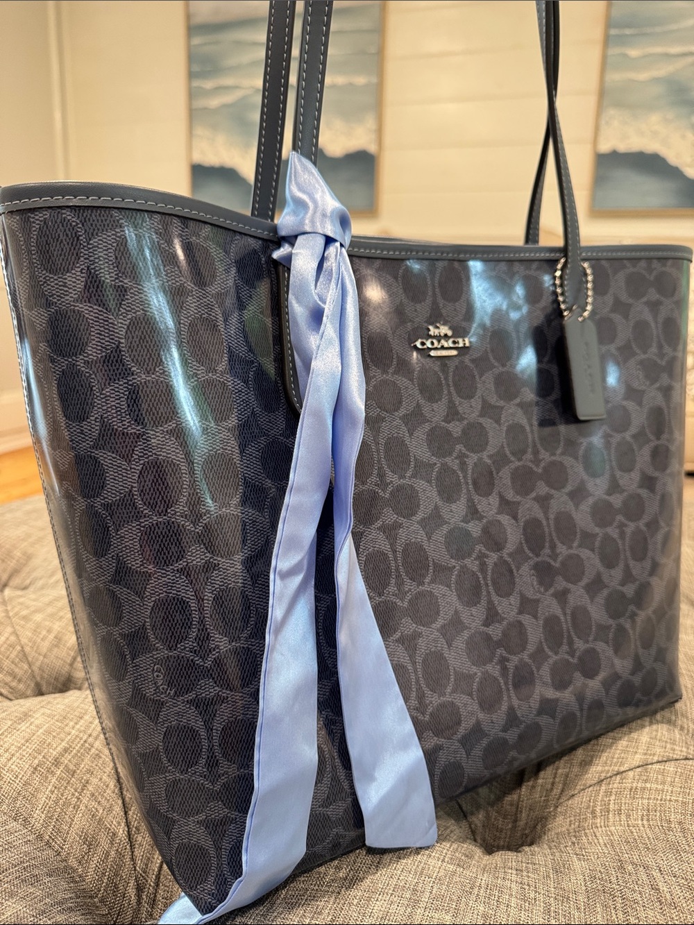 Coach Bag Denim Coated Canvas City Tote Patent Leather Dark Navy Tote NWOT RARE - Picture 3 of 17